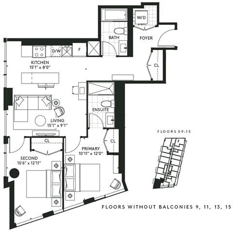 Floor plan for 2 beds, 2 baths, 862 sqft